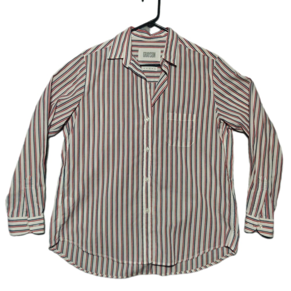 Grayson The Hero Button Up Shirt Womens XL White Navy Red Striped Cotton Relaxed